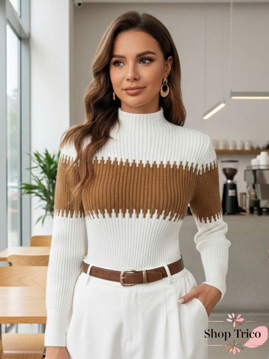 Women's Long-Sleeved Knit Sweater With Two-Tone Detail, High Neck, Winter Fashion - 白色/焦糖色 - 查看 1