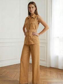 ADD MODA REF Y578 TAILORED SUIT WITH TROUSERS AND UTILITY VEST WITH POCKETS AND WAIST BELT - 棕色 - 查看 5