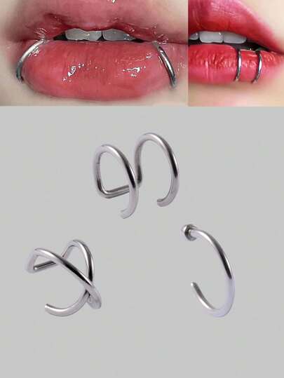 3 piezas Anillos falsos para labios de acero inoxidable con estilo punk, perforadores de nariz, aros de labio, pendientes de oreja tipo abrazadera sin perforación, anillos de labio no perforantes, unisex