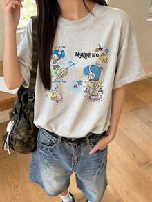 2026夏季新款女式圆领休闲宽松个性化Y2K印花图案T恤，街头时尚百搭大学生短袖T恤，1件装 - 淺花灰 - 查看 3