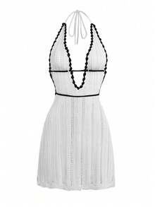 Women's Summer Vacation Contrast Color Trim Backless Halter Knit Dress - Black and White - View 3
