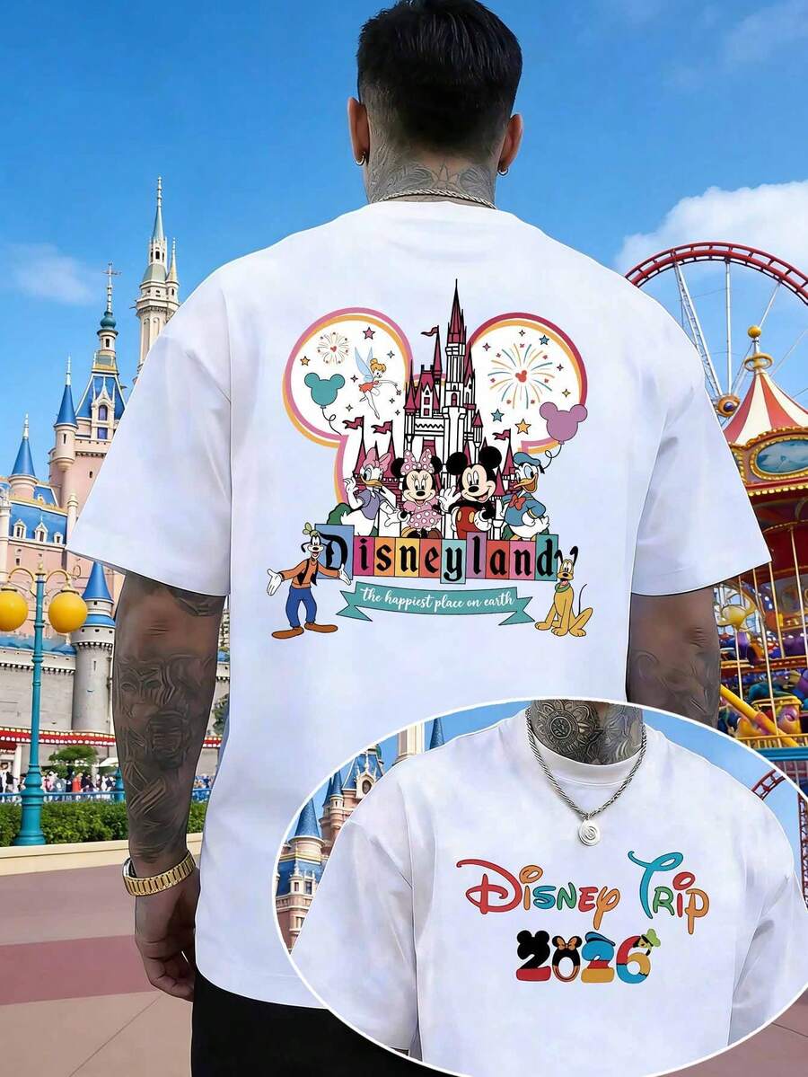 Disney Limited Edition 2026 T-Shirt, Featuring Mickey Mouse's Head, Castle, And Friends Designs. Unisex Crew Neck Short-Sleeved Top, Comfortable, Soft, And Versatile, Suitable For Everyday Wear, Commuting, Vacations, And Parties. - White - View 1