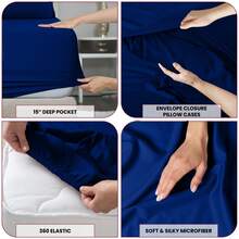 LUX DECOR 6-Piece Embroidered Bed Sheet Set – Brushed Microfiber Material, Deep Pocket Design, Lightweight & Breathable For Everyday Use – Graduation Gifts, Home Decor, Winter Vibes, Sleep Protection For Dorms, Student Beds, Back‑To‑School Gift, Christmas Decor, New Year Vibes - 寶藍色 - 查看 4