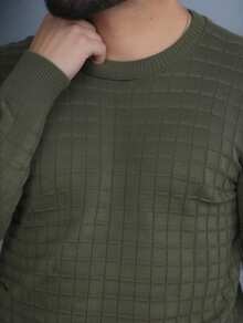 Men's Plain Square Knit Sweater, Round Neck, Long Sleeve, Thick Wool Sweater. - Army Green - View 3