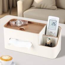 Hộp đựng đồ 2 trong 1 kẻ sọc dọc, hộp đựng khăn giấy hai ngăn hình bầu dục bằng da PU, hộp đựng đồ đa năng cao cấp sang trọng để bàn cho phòng khách, đựng điều khiển từ xa, khăn ăn - Hộp đựng đồ trang nhã - Nhiều màu - Xem 10