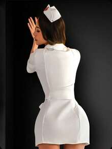1 Set Nuevo Conjunto de Disfraz de Enfermera de Moda de 3 Piezas, Vestido Blanco Puro Uniforme de Doctora para Mujer, Conjunto de Juego de Roles para el Día de San Valentín y Halloween - Blanco - Ver 2