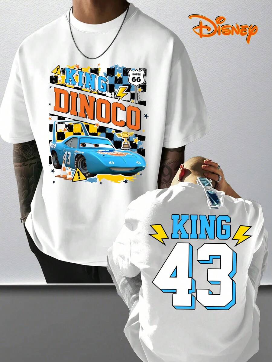 Disney Men's Casual T-Shirt, "King Dinoco" Print, Racing Design, Comfortable Soft Fabric, Perfect For Fans & Car Enthusiasts - trắng - Xem 1