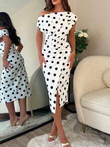 ChicMe Đầm midi nữ gợi cảm in chấm bi, cổ lệch, xếp ly, kiểu dáng thanh lịch, xẻ tà, ôm sát cơ thể, thích hợp cho tiệc cocktail, đám cưới, kỳ nghỉ. - Đen và trắng - Xem 3