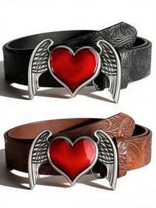 1件朋克风个性复古压花心形翅膀腰带 Y2K 辣妹百搭哥特暗黑风腰带男女通用 - 彩色 - 查看 1