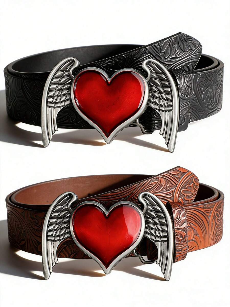 1件朋克风个性复古压花心形翅膀腰带 Y2K 辣妹百搭哥特暗黑风腰带男女通用 - 彩色 - 查看 1