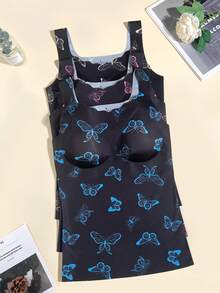 3pcs/Set Women's Minimalist Butterfly Print Camisole Tops With Padding, Slim Fit, Spring/Summer - Black - View 3