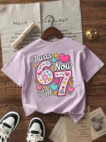 Tween Girls Casual Printed Round Neck Short Sleeve T-Shirt, Summer Top - Mauve Purple - View 3