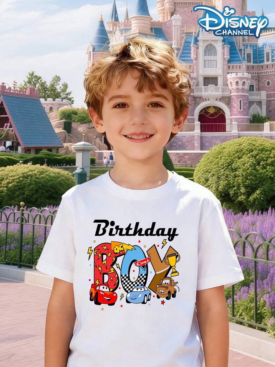 Disney Brithday Boy, Cars Cars Clothes Lightning McQueen Tops Boys' Round Neck T-Shirt Anime Character Print Fresh Leisure Summer Campus Daily Children's Wear Round Neck Short Sleeve Top Best Choice For Boys' Gifts - trắng - Xem 1
