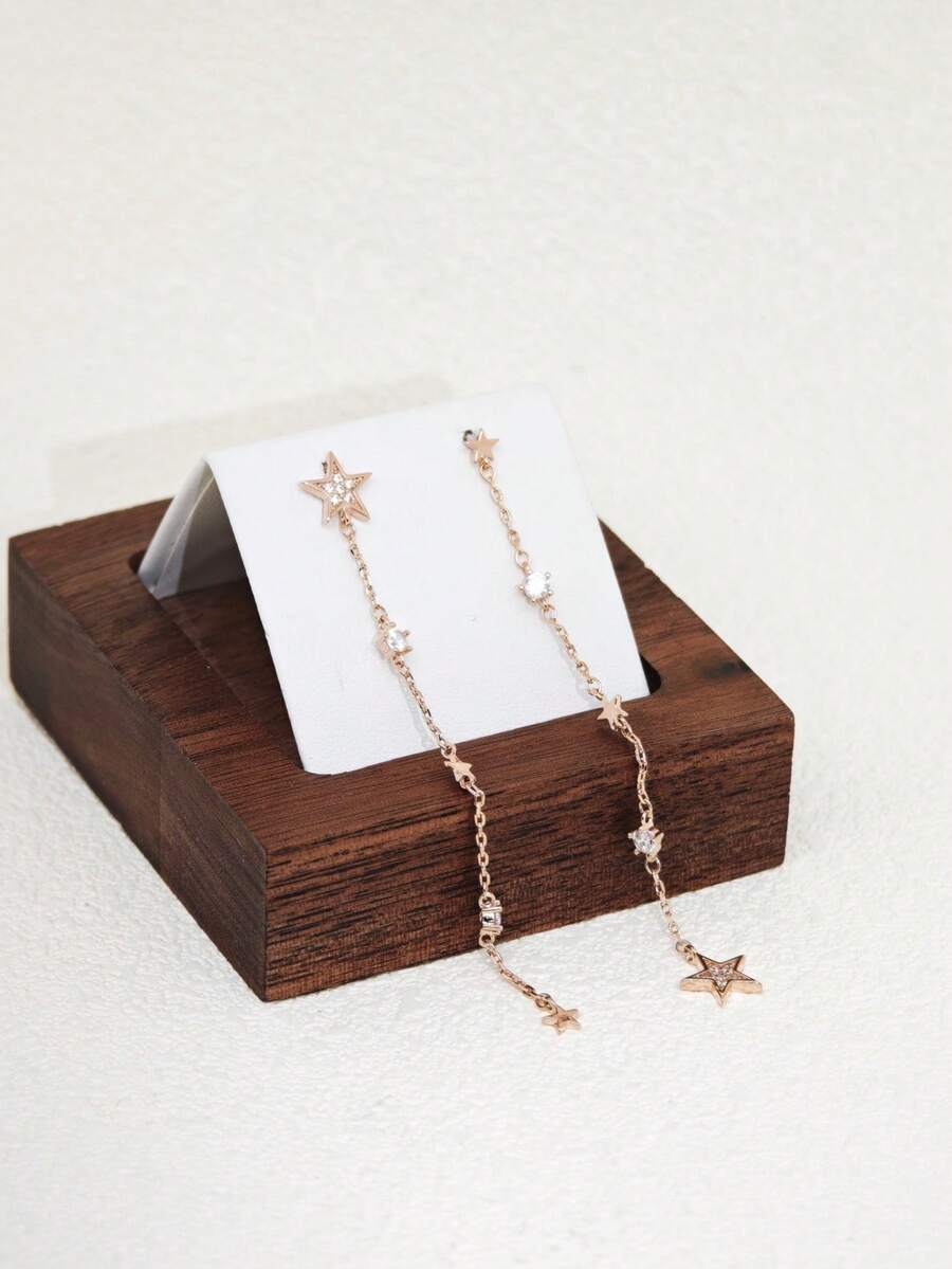 1 Pair Elegant Zirconia Star Shaped Long Tassel Earrings, Suitable For Women - Rose Gold - View 1