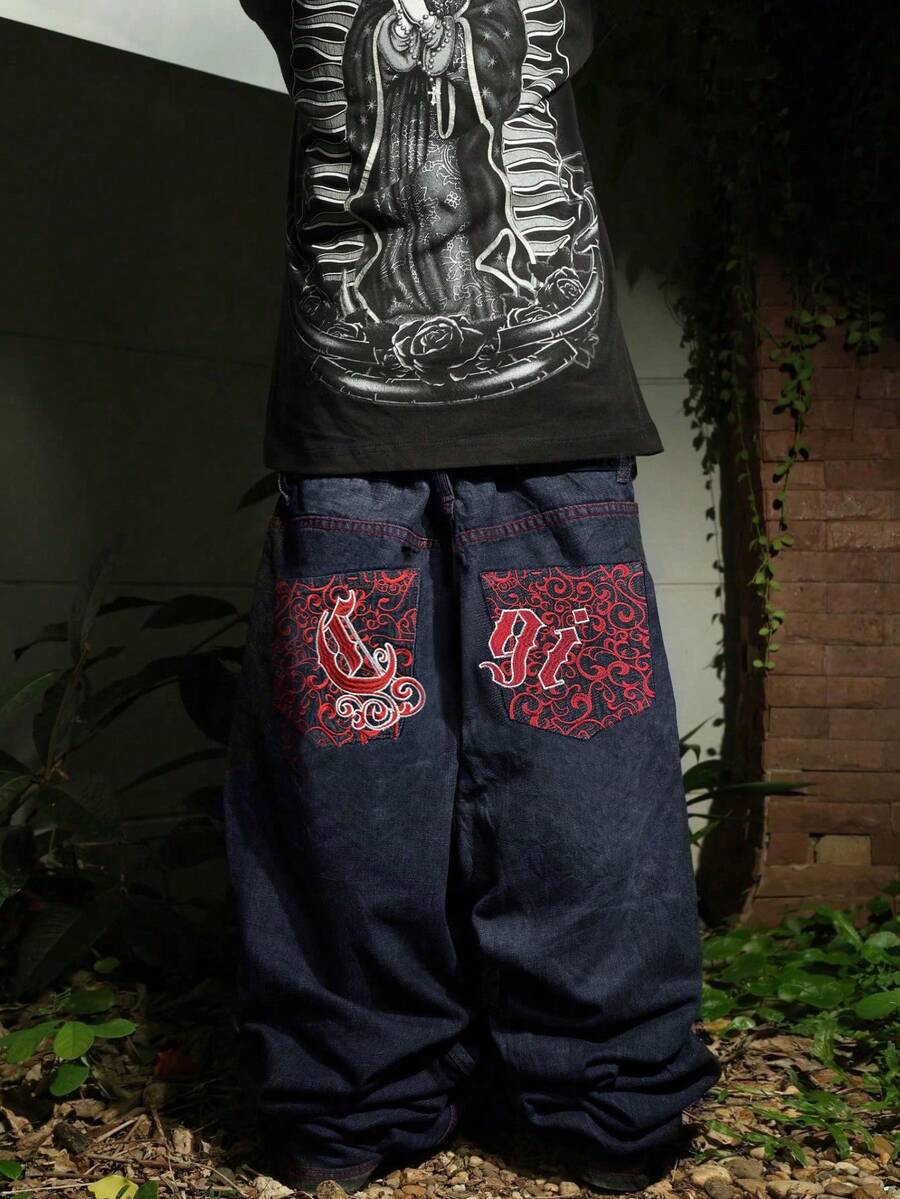 Grunge Goth Y2K Style Men's Casual Embroidered Loose Wide-Leg Jeans, Versatile All-Season, Fashionable Streetwear, Suitable For Work, Commute, Stage Performance, Hangout With Friends, Outdoor Wear - Dark Wash - View 1