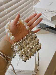 2026新款极简串珠小方包，时尚斜挎珍珠化妆包 - 銀色 - 查看 8