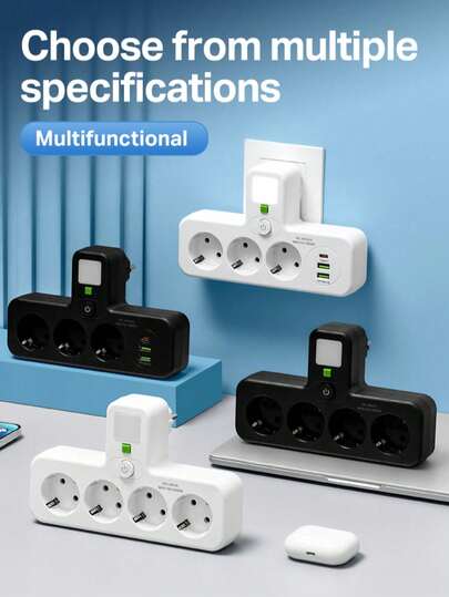 Bộ chuyển đổi đa năng 6 trong 1 với 3 ổ cắm AC + 2 cổng USB + 1 cổng Type-C, phích cắm EU, sạc tường không dây cho gia đình và văn phòng.