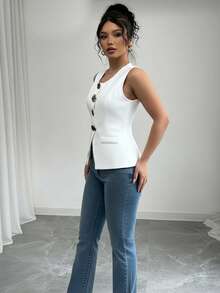 Chaleco casual sin mangas para mujer, color blanco, cuello redondo, top de capa ligero para primavera y verano - Blanco - Ver 2