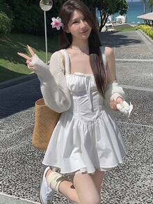 Summer Pure White Spaghetti Strap Mini Dress, Waist Cinched Design, Flattering Silhouette - White - View 2