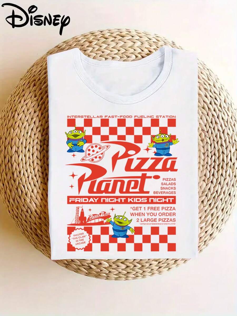Authorized By Disney, Disney Toy Story Alien Pizza Planet T-Shirt Retro Red And White Checkerboard Printed Short Sleeve 100% Cotton Fabric-Spring And Summer Fashion Tops-Suitable For Boys And Girls, Holiday Gift In 2026. - White - View 1