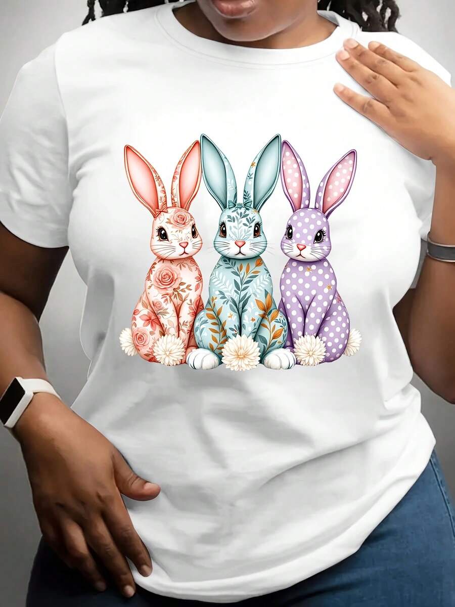 Plus Size Women's T-Shirt With Colorful Bunny Design Spring And Easter Theme Perfect For Casual Wear Outings And Festive Occasions Round Neck Style Fashionable And Versatile Machine Washable Suitable For All Seasons - White - View 1