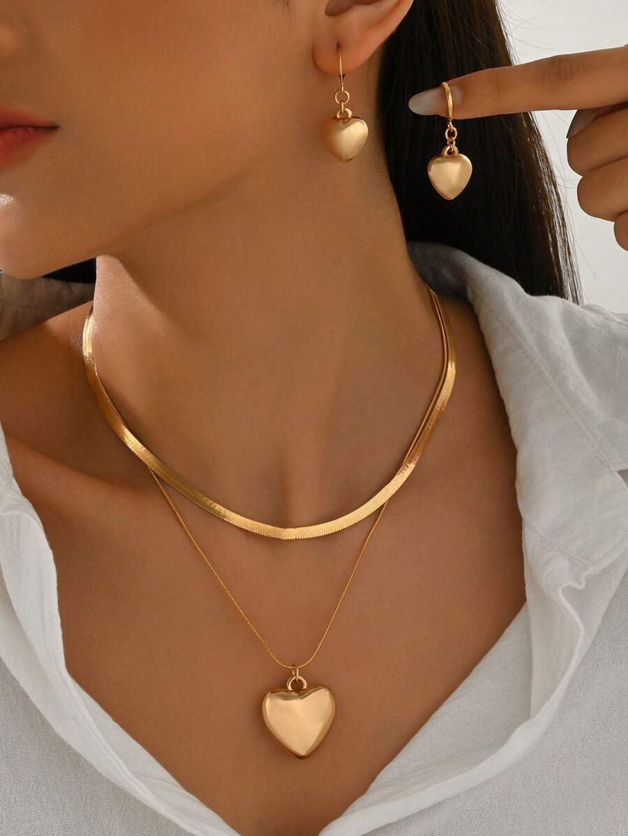 Bộ trang sức 3 món gồm bông tai và dây chuyền thanh lịch, thiết kế tối giản thời trang với hình trái tim rỗng hình học và mặt dây chuyền hình đĩa có họa tiết, dây chuyền dạng mắt xích dẹt, phụ kiện đa năng dùng hàng ngày. - Vàng - Xem 1