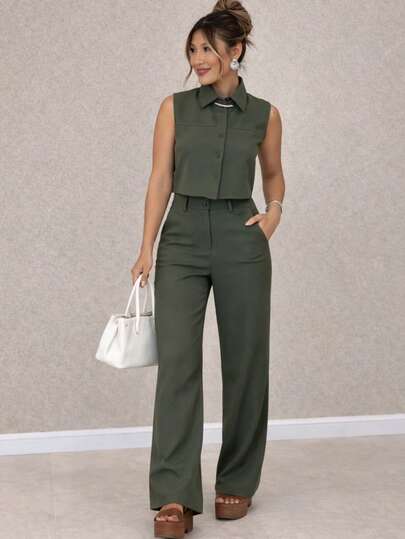 Conjunto Alfaiataria Calça E Colete Feminino Cintura Alta Elegante Social