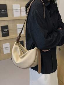 女士真皮饺子包，PU皮革纯色马鞍肩背包，可调节肩带，适合日常通勤 - 卡其色 - 查看 6