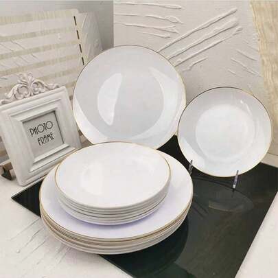 50/25/10pcs White With Gold Rim Dinnerware Set, 10.25" And 7.5" Salad Plates Available, Suitable For Cakes, Burgers, Sandwiches, Sushi, Salads, Pasta, Restaurants, Weddings, Outdoor, Easter, Graduation Parties, Brunch, Backyard Dining, Mother's Day, Kitchen Accessories (Full Tableware Set, Plates, Dishes, Kitchen Utensils, Wedding Season, Music Festivals)