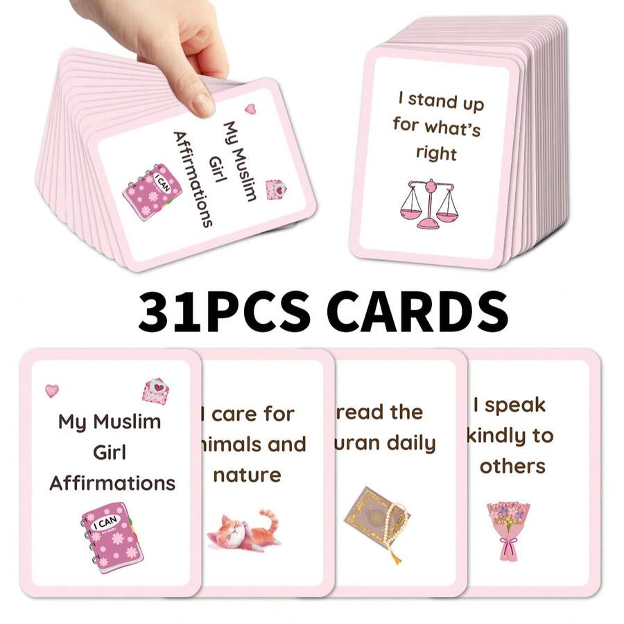 31张每日伊斯兰肯定卡片，专为穆斯林设计，包含积极的自我对话和灵性成长活动，旨在建立信仰，教导价值观、善良和自信，是完美的伊斯兰礼物。 - A - 查看 1