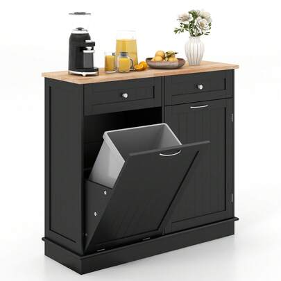  COSTWAY Kitchen Tilt Out Trash Cabinet, 11 Gallon Trash Can Cabinet, Rubber Wood Tabletop, 2 Drawers & Adjustable Shelf, Freestanding Recycling Laundry Sorter, Ideal For Living Room, Dining Room, Black