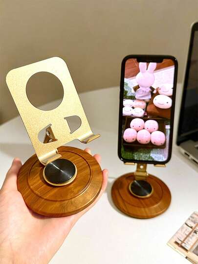 Vintage Wood Grain Phone Stand 360° Rotatable Desktop Lazy Holder For Watching TV & Live Streaming