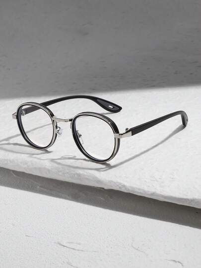 1副男女通用时尚眼镜，金属和塑料材质，纯色图案，休闲风格，圆形镜框，适合日常通勤、徒步、学习、聚会、返校、街头摄影、搭配服装，是馈赠佳品，适合所有脸型，高品质眼镜。