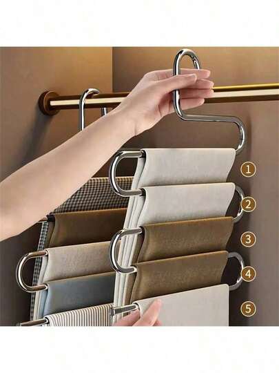 5-Tier Stainless Steel Pant Rack - S-Shaped, Non-Slip, Space-Saving Multi-Layer Jeans And Pants Storage Organizer, Polished Surface, Closet Storage Solution, Tidy Wardrobe Organization, Closet Accessory, S-Shaped Hanger, Structure, Clothes Hanger