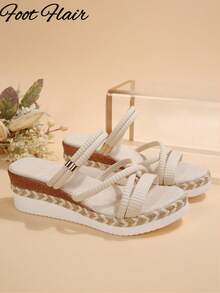 Foot Flair Plus Size Women's Woven Strap Open Toe Rope Sole Wedge Platform Sandals Beach Vacation Style Spring Summer Fashion Versatile Comfortable Roman Sandals - Beige - View 7