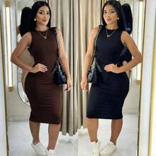 kit 2 Peças Vestido Basico Vestido maxi feminino casual sem mangas com gola redonda e modelagem justa em malha canelada, confeccionado em tecido plano com leve elasticidade. - PRETO e MARROM ESCURO - Visão 2