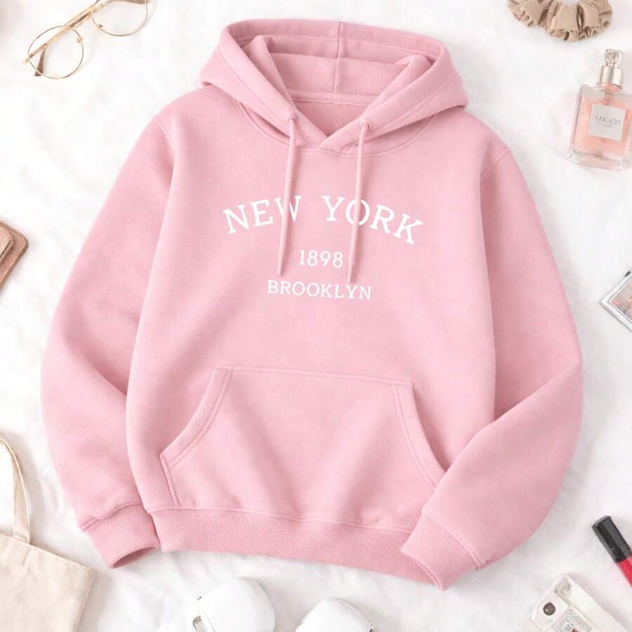 Women's Kangaroo Fleece Hoodie With Pockets, Tumblr Style Sweatshirt - 淺粉色 - 查看 1