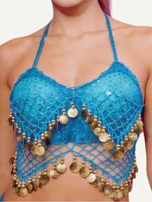 一件手工制作的女士露背吊带胸衣，饰有亮片珠串流苏系带，肚皮舞服装，露脐上衣，搭配亮片裙纱丽，灵感源自波西米亚风节日狂欢表演。适合节日、派对、夜店、海滩穿着，也可作为异域风情服饰装饰，展现波西米亚复古风情。 - 彩色 - 查看 10