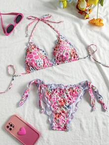Conjunto de bikini de 2 piezas con volantes de encaje floral lindo, adecuado para vacaciones de verano en la isla, natación y playa - Multicolor - Ver 1