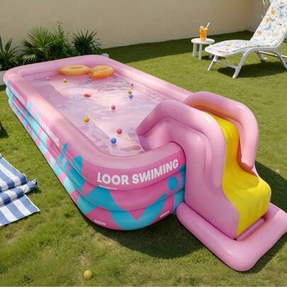 حمام سباحة منفوخ مخطط باللون الوردي الزاهي، حمام سباحة منزلي كبير الحجم للكبار، مصنوع من مادة بي في سي سميكة، جهاز ترفيهي مائي للاستخدام الخارجي، استمتع بالمرح المائي الصيفي في الحديقة والفناء، حمام سباحة خاص (أصناف فردية، وليست مجموعات). تباينات طفيفة في الحجم أمر طبيعي.