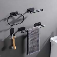 4-Piece Stainless Steel Bathroom Accessory Set - Includes Towel Bar, Toilet Paper Holder, And Bathrobe Hook - No Drilling Required, Easy Installation - Great For Bathroom Decor And Organization, Modern Bathroom Set | Durable Bathroom Accessories - 黑色 - 查看 3