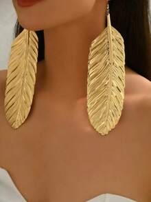 1对时尚简约新款夸张夏季长叶设计个性夸张大叶耳环，适合日常佩戴、宴会、派对、音乐节、母亲节、婚礼、订婚、斋月等场合。 - 金黃色 - 查看 3