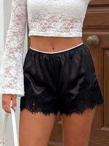 Boho Women's Lace Trim Satin Silk Shorts Shiny Elastic Waist Mini Shorts Pettipants Half Slip Shorts French Knickers Boyshorts For Dresses Full Coverage Underwear Lounge Pants - 深灰色 - 查看 9