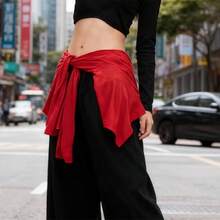 Women's Hip Hop Dance Crop Tops Solid Color Long Sleeve Shrug Blouse, Aesthetic Tied-Waist Belt - 紅色 - 查看 3