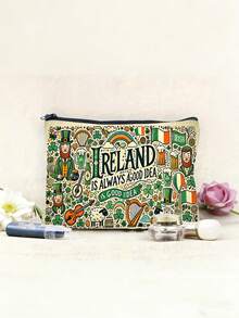 爱尔兰主题化妆包和旅行洗漱包 - 精灵和三叶草印花化妆品收纳包，8.6 英寸 x 6 英寸（22 x 15 厘米），耐用的爱尔兰设计，圣帕特里克节或圣诞节爱尔兰主题礼物，可重复使用的洗漱包，2D 平面设计。 - 彩色 - 查看 3