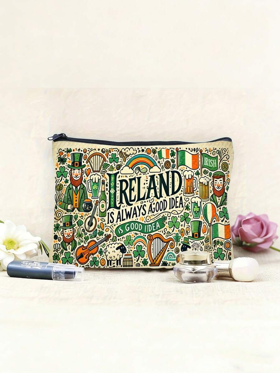 爱尔兰主题化妆包和旅行洗漱包 - 精灵和三叶草印花化妆品收纳包，8.6 英寸 x 6 英寸（22 x 15 厘米），耐用的爱尔兰设计，圣帕特里克节或圣诞节爱尔兰主题礼物，可重复使用的洗漱包，2D 平面设计。 - 彩色 - 查看 1