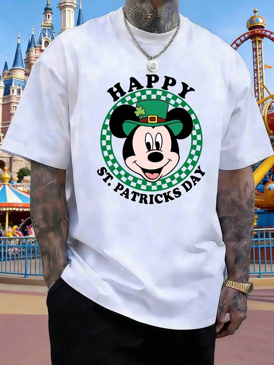 Disney Mickey Mouse St. Patrick's Day Unisex T-Shirts, Featuring Green Gnome Hats, Shamrock Patterns, And Retro Plaid Designs. Casual Loose-Fitting Short-Sleeved Shirts For Men And Women. - White - View 1