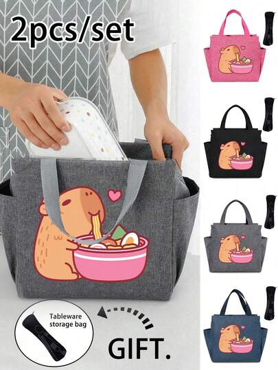 1pc Lunch Bag With Pockets Printed With Capybara, With Cutlery Storage Bag,Personalized Insulated Lunch Bag, Portable Lunch Bag, Lunch Box For Adults, Large Capacity Multi-Pocket Lunch Bag, Work Lunch Bag For Office, Fitness Meal Prep Bag, Four Colors Available, Suitable For Business Trips, School, Picnics, Etc, Can Also Be Given As Holiday Gifts Or Birthday Gifts To Family Or Friends,Mother'S Day