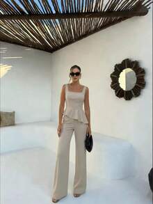 女士优雅简约日常通勤及休闲约会套装，杏色荷叶边下摆上衣和裤子 - 杏色 - 查看 3