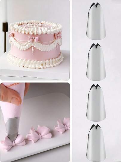 Set Of 4 Piping Tips Made Of Stainless Steel, Featuring Medium-Sized Icing Nozzles Measuring 1.27/1.52Cm, Ideal For Creating Bow And Leaf Lily Designs. Perfect For Cake Decoration In For Home Kitchens And Bakeries